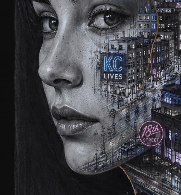 The City She Carries, detail: face and Kansas City streetscape with KC Lives and 18th Street signage